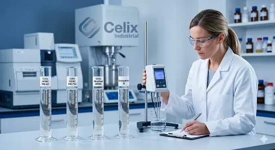 Laboratorio industrial Celix realizando pruebas de flujo y estabilidad para aditivos de mortero autonivelante